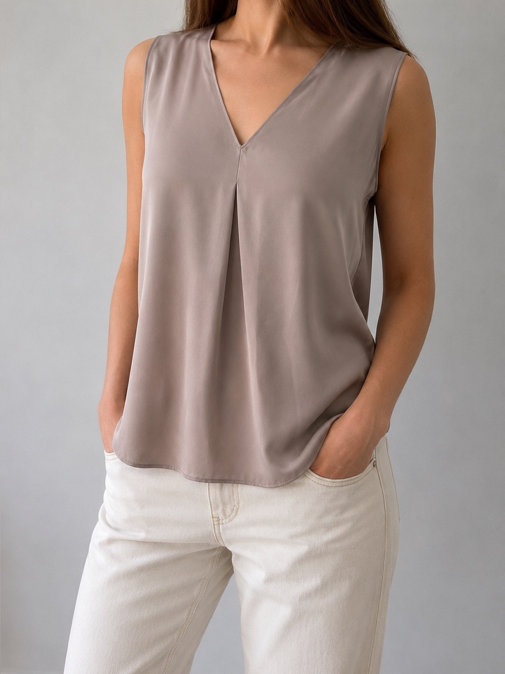 UNIQLO Satin Sleeveless V-Neck Pleated Blouse Taupe Size S